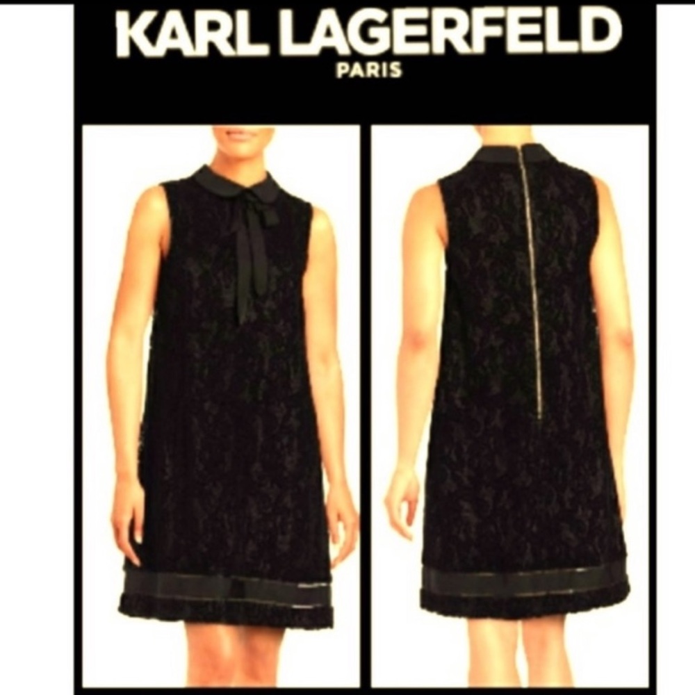 Karl Lagerfeld black velvet lace shift dress collar tie detail